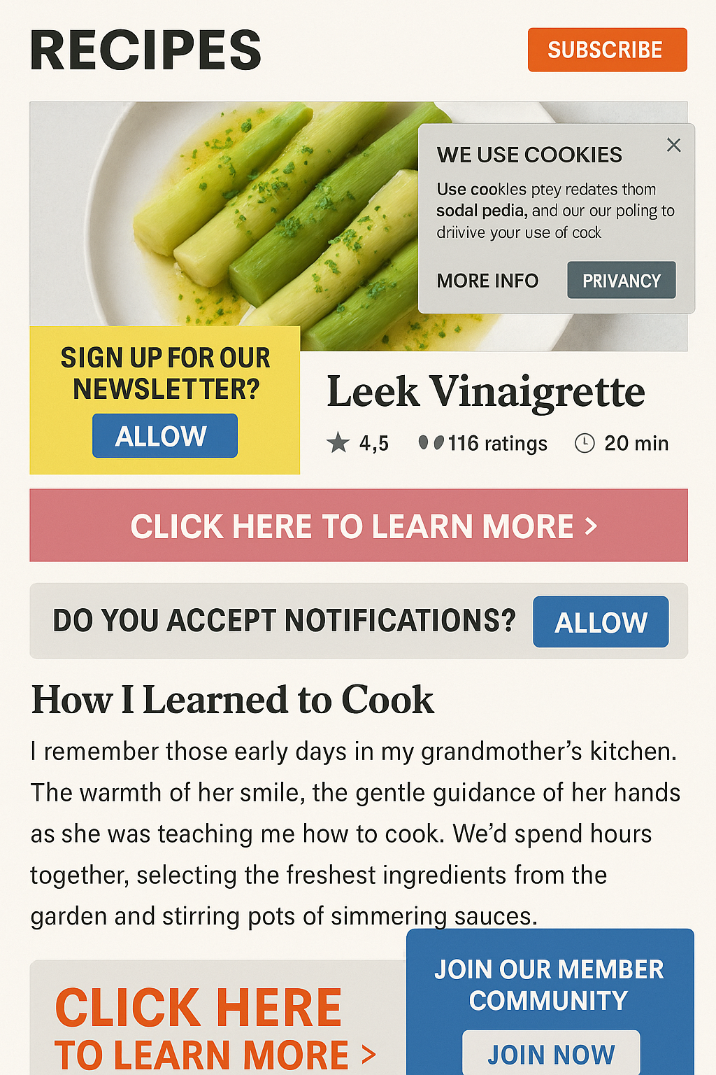 recipe covered in popups